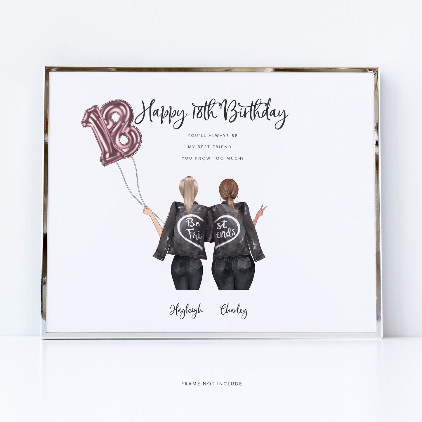 Personalised birthday best friends gift with custom illustration from behind - Create for any milestone birthday, 18th, 21st, 25th, 30th, 40th and  60th birthdays