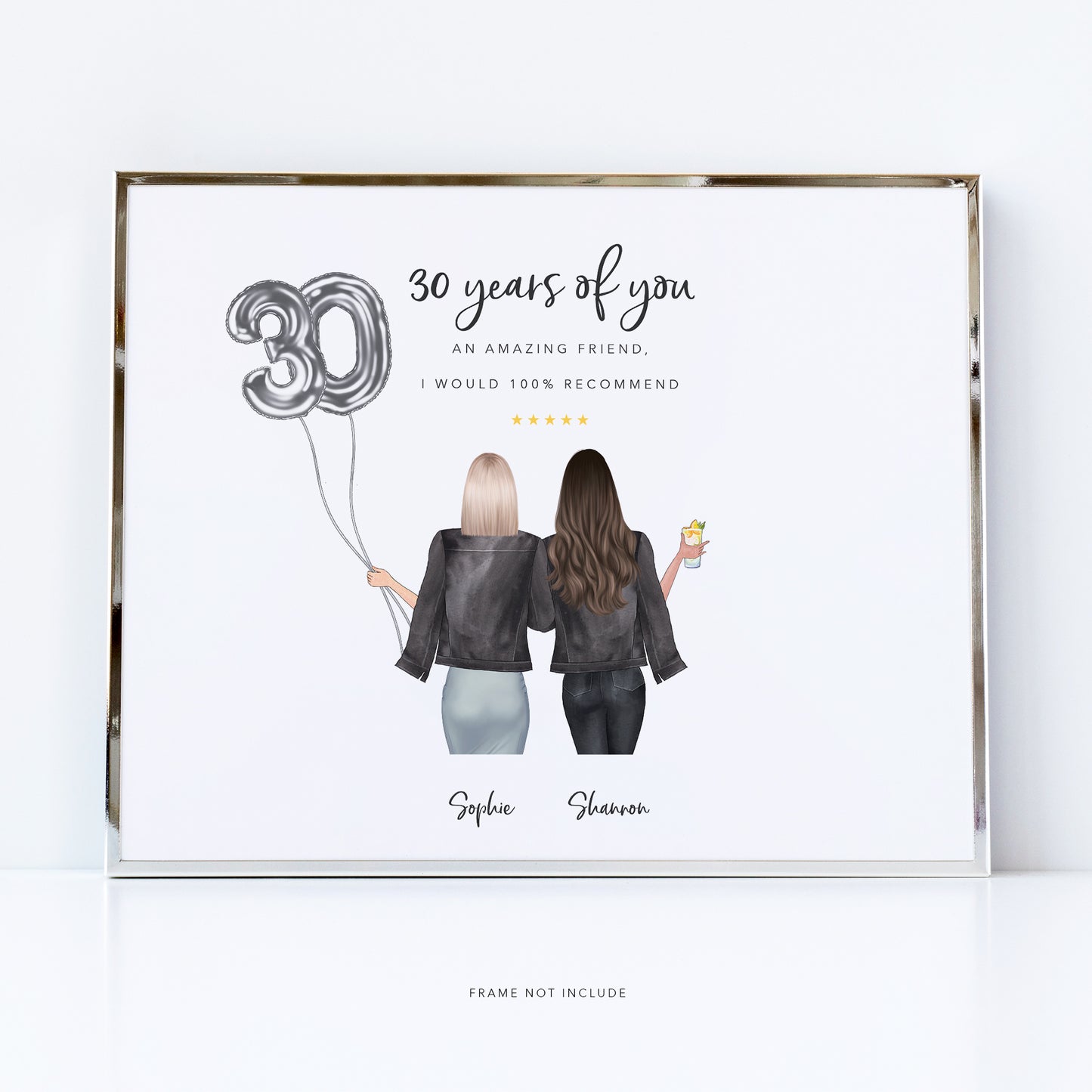 Personalised birthday best friends gift with custom illustration from behind - Create for any milestone birthday, 18th, 21st, 25th, 30th, 40th and  60th birthdays
