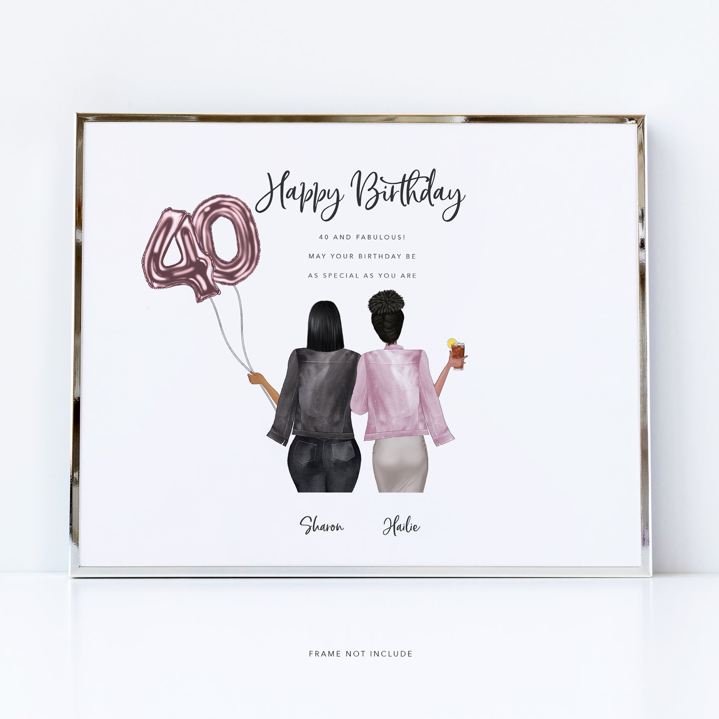 Personalised birthday best friends gift with custom illustration from behind - Create for any milestone birthday, 18th, 21st, 25th, 30th, 40th and  60th birthdays