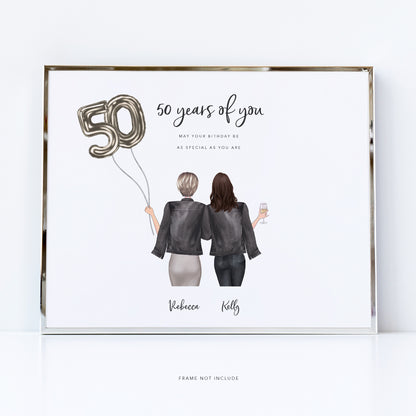 Personalised birthday best friends gift with custom illustration from behind - Create for any milestone birthday, 18th, 21st, 25th, 30th, 40th and  60th birthdays