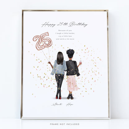 Illustration of two people holding a 'Happy 25th Birthday' balloon with confetti on a white background.