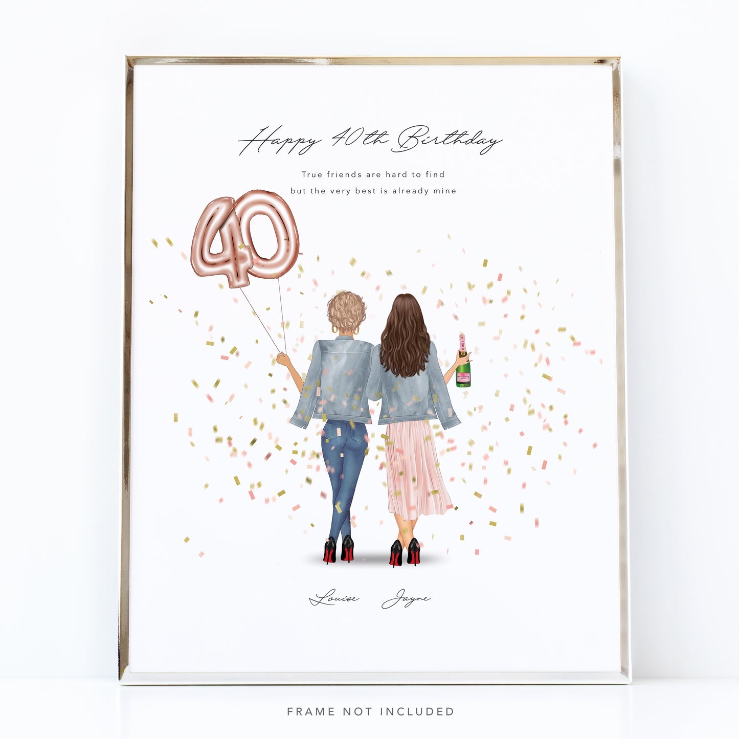 A personalized friendship print for 40th birthday gift featuring illustrated characters holding number 40 balloons, with options for different skin tones, hair styles, and body types, as well as customizable text and clothing.