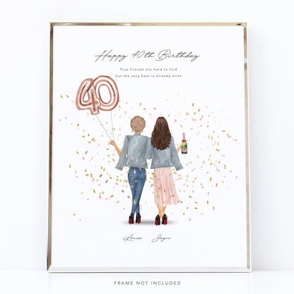 A personalized friendship print for 40th birthday gift featuring illustrated characters holding number 40 balloons, with options for different skin tones, hair styles, and body types, as well as customizable text and clothing.