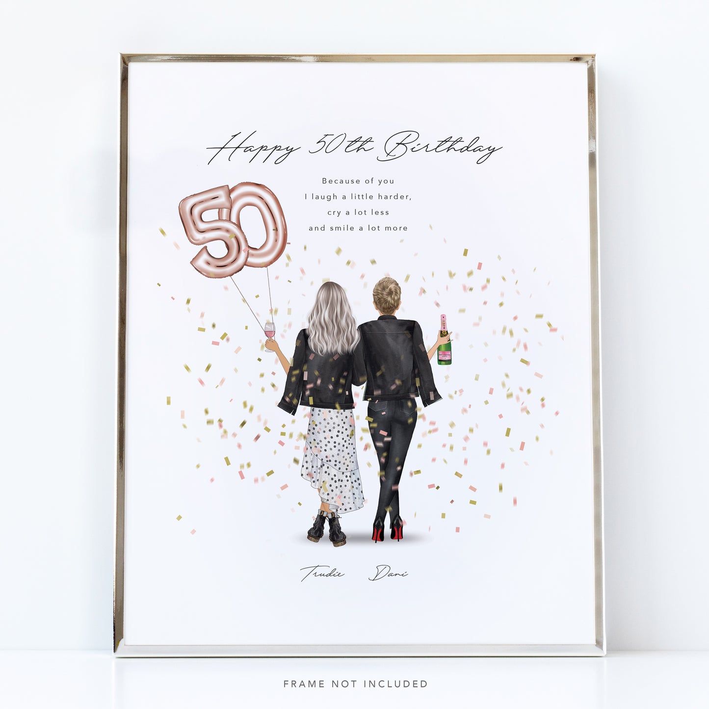 A personalized 50th birthday print featuring an illustration of two people, one holding a balloon with '50' and the other holding a bottle, with text and decorations around them.