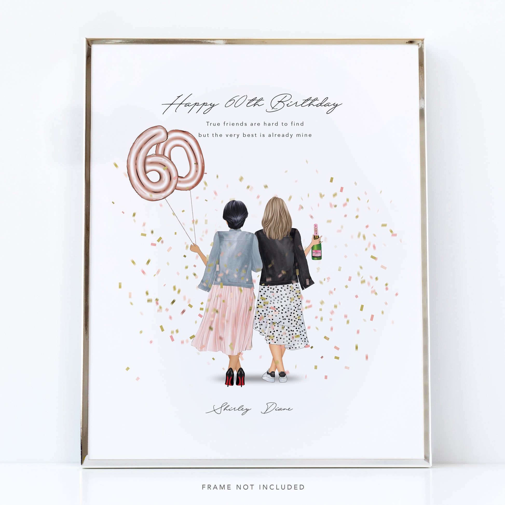 A personalised illustrated print of two female figures celebrating a 60th birthday, with text, balloons, and confetti details. The image does not include a frame. bf004-60
