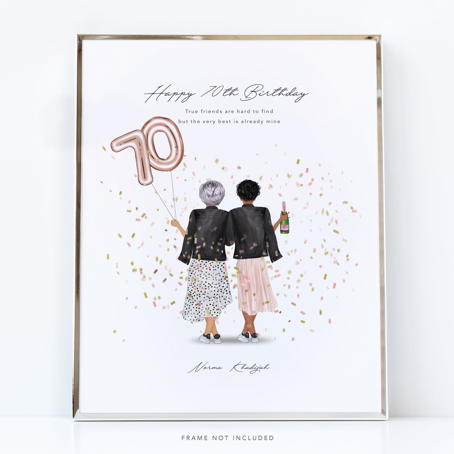 A personalized illustration print for a 70th birthday, featuring two adults holding champagne glasses with a '70' balloon, surrounded by confetti, on premium photo paper.