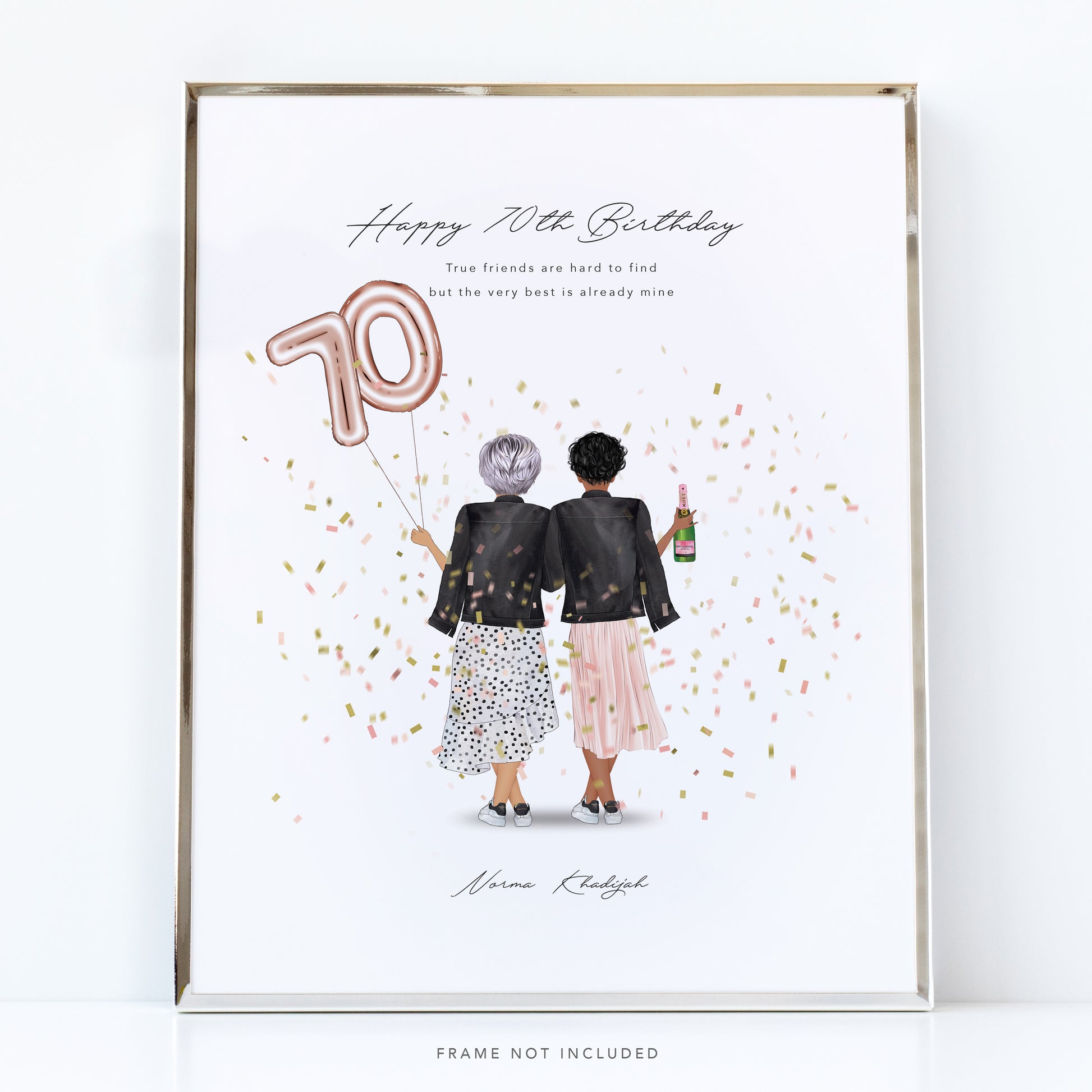 A personalized illustration print for a 70th birthday, featuring two adults holding champagne glasses with a '70' balloon, surrounded by confetti, on premium photo paper.