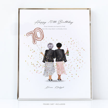 A personalized illustration print for a 70th birthday, featuring two adults holding champagne glasses with a '70' balloon, surrounded by confetti, on premium photo paper.