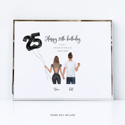 Personalised Birthday Gift - Featuring Back View Couple Illustration - Available for any birthday, 25th, 30th, 40th