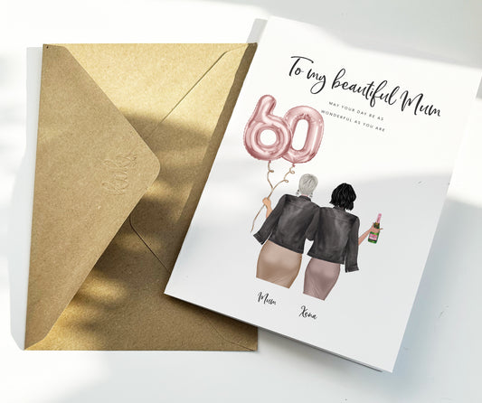 Custom birthday cards with back illustration for mum's birthday - any age