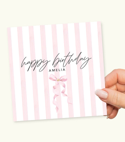 Personalised Pink Bow Birthday Card for Her | Custom Name Birthday Card