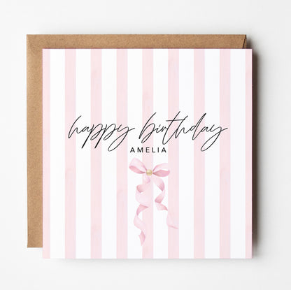 Personalised Pink Bow Birthday Card for Her | Custom Name Birthday Card