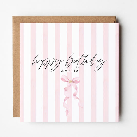 Personalised Pink Bow Birthday Card for Her | Custom Name Birthday Card